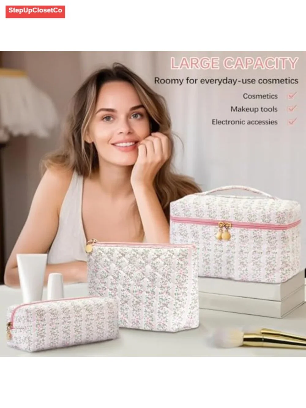 Quilted Floral Makeup Bag Set 3pc Pink Cosmetic Travel Toiletry Organizer